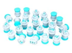 Ausstecher-Set Mit Auswerfer: Alphabet Kleinbuchstaben, Kunststoff, Weiß & Türkis, 26 Stück (a-z) á 11 Bis 17 Mm